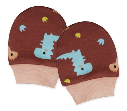 Dino Doodle Newborn Cotton Hand Gloves/Muthi/Hosiery Mittens Set with Gentle Elastic Thread Wristbands | Unisex Mittens for 0-12 Months (Pack of 2 Pairs)