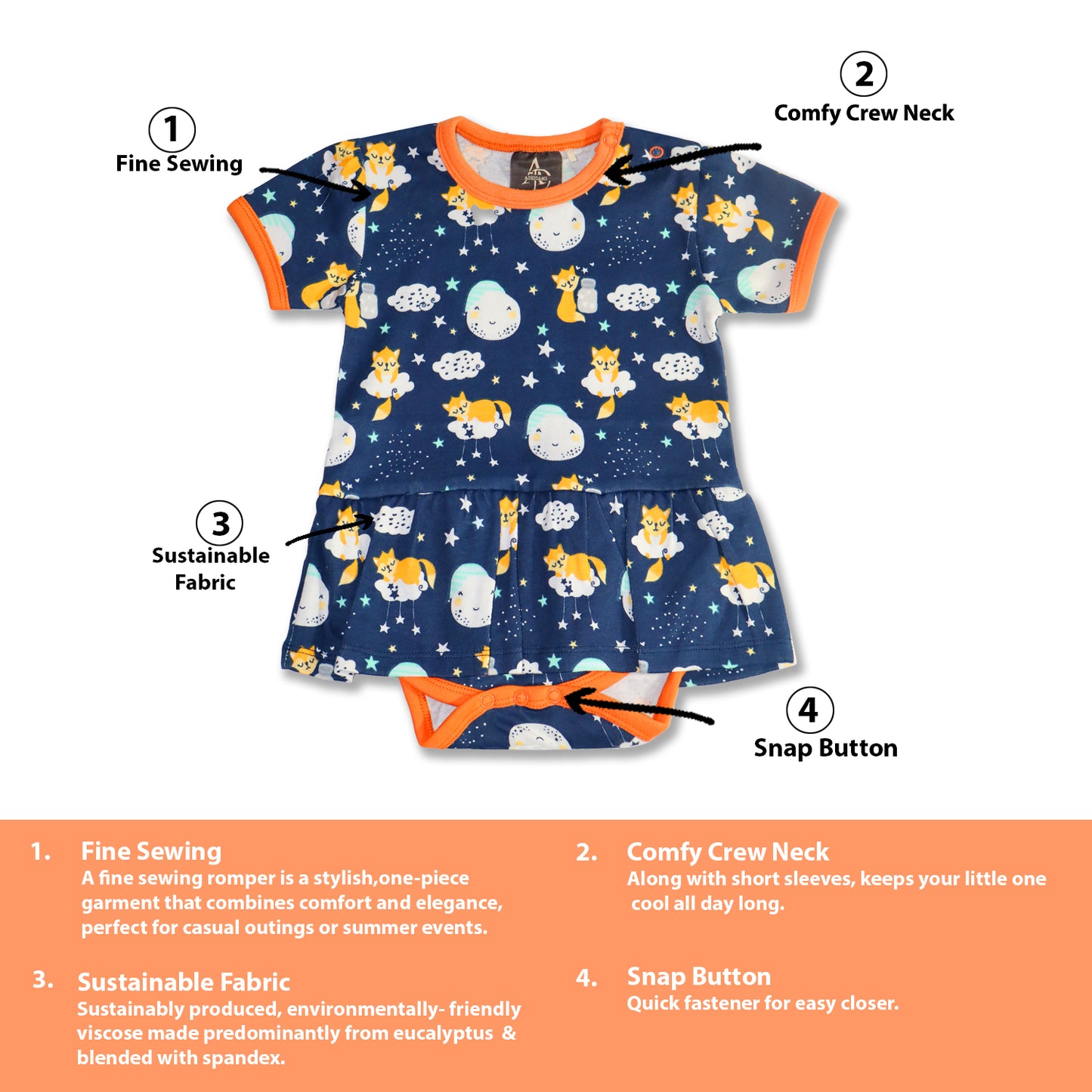 Cosmic Night  New Born Baby Unisex Rompers/Jumpsuit/Sleepsuit/Night Suits for Baby Boys & Girls, Infants, 100% Pure Cotton Suit (0-3/3-6/6-9/9-12/12-18 Months) (Pack of 1) (Dark Blue)