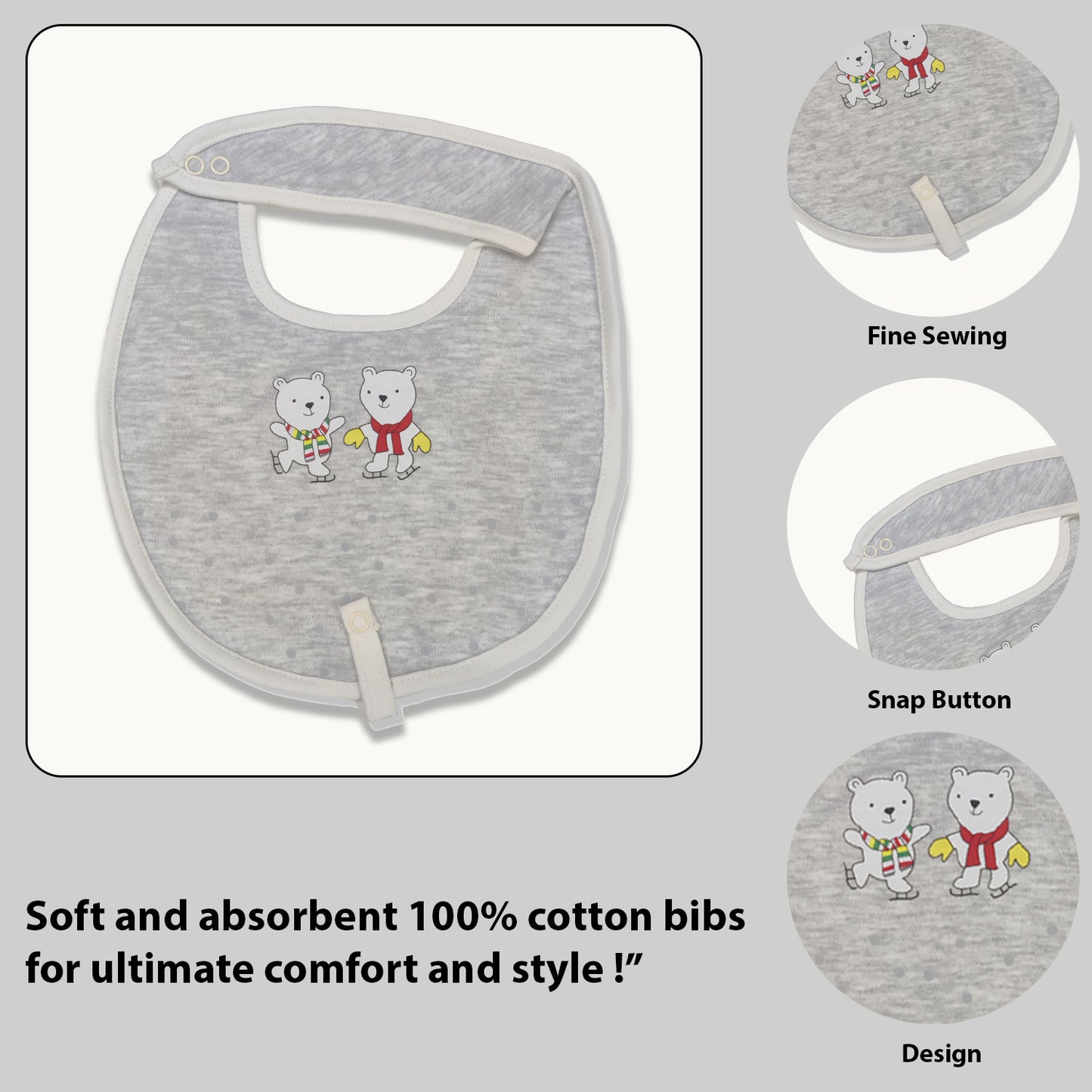 JOLLY BEAR Cotton Baby Neck Cloth Feeding Drool Bibs with Adjustable Snap Button Closure, Super Absorbent & Reusable, Soft, Comfortable & Lightweight Bandana, Bibs