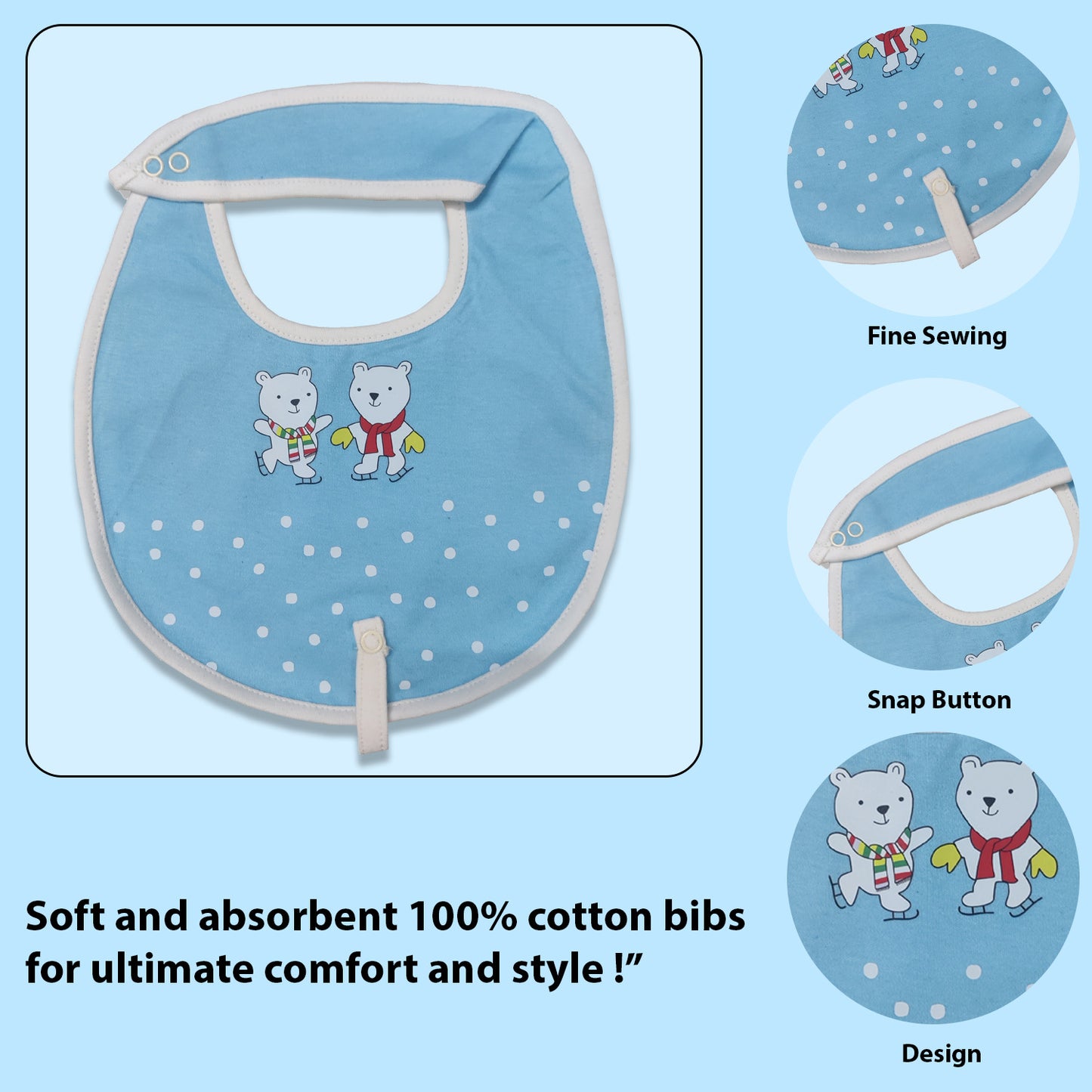 JOLLY BEAR Cotton Baby Neck Cloth Feeding Drool Bibs with Adjustable Snap Button Closure, Super Absorbent & Reusable, Soft, Comfortable & Lightweight Bandana, Bibs